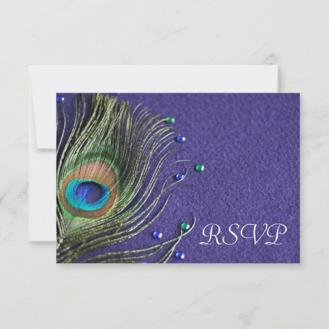 Peacock Feather Jewels Purple RSVP Response Card (Front)