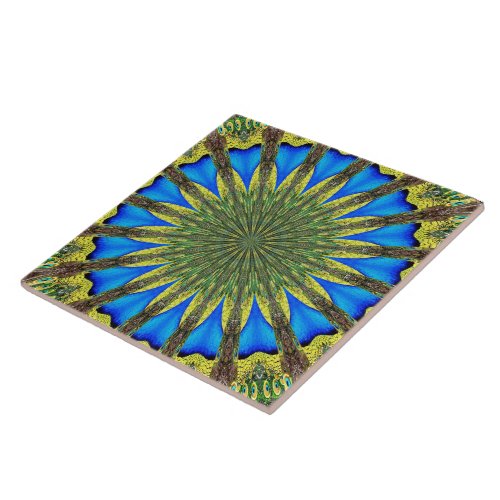 Peacock Feather Kaleidoscope 3 Ceramic Tile