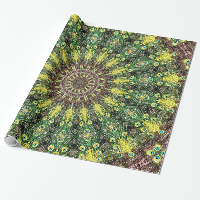 Peacock Feather Kaleidoscope Wrapping Paper 2 (Unrolled)