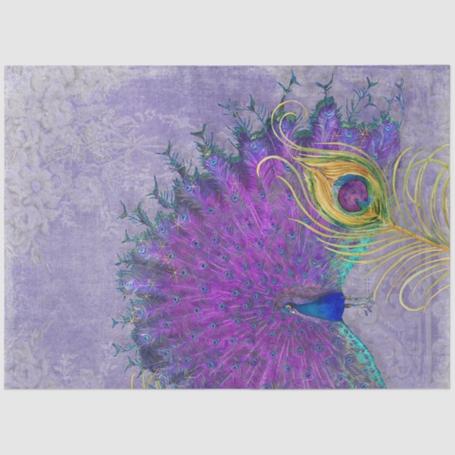 Peacock Feather Lavender Purple Gold Decoupage Art Tissue Paper (Front)