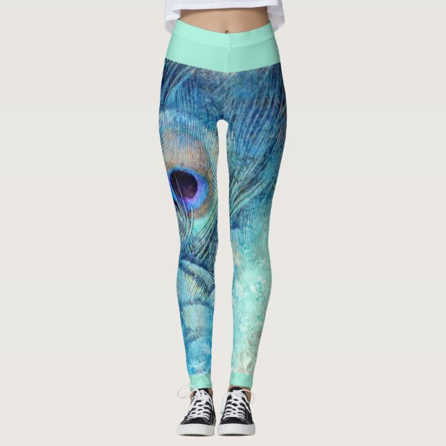 Peacock feather leggings marble teal blue purple (Front)
