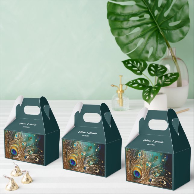 Peacock feather luxurious plume editable text favor boxes (Multiple)