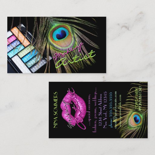 Customizable Peacock Feather Makeup Artist Business Card