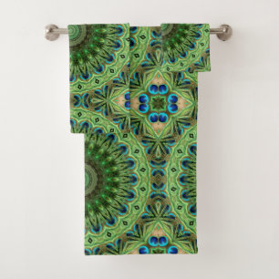 Peacock Feather Mandala Emerald and Blue Symmetry Bath Towel Set