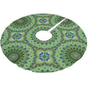 Peacock Feather Mandala Emerald and Blue Symmetry Brushed Polyester Tree Skirt