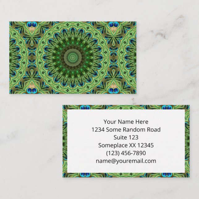 Peacock Feather Mandala Emerald and Blue Symmetry Business Card (Front/Back)