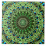 Peacock Feather Mandala Emerald and Blue Symmetry Ceramic Tile