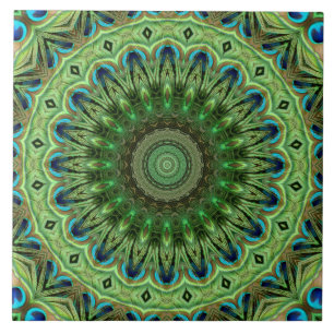 Peacock Feather Mandala Emerald and Blue Symmetry Ceramic Tile