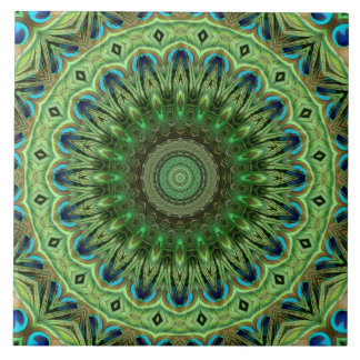 Peacock Feather Mandala Emerald and Blue Symmetry Ceramic Tile