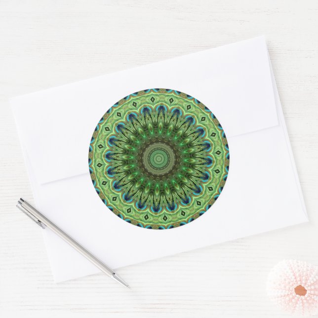 Peacock Feather Mandala Emerald and Blue Symmetry Classic Round Sticker (Envelope)