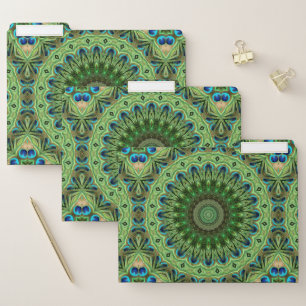 Peacock Feather Mandala Emerald and Blue Symmetry File Folder