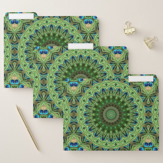 Peacock Feather Mandala Emerald and Blue Symmetry File Folder (Set)
