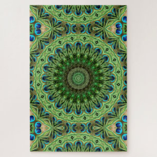 Peacock Feather Mandala Emerald and Blue Symmetry Jigsaw Puzzle