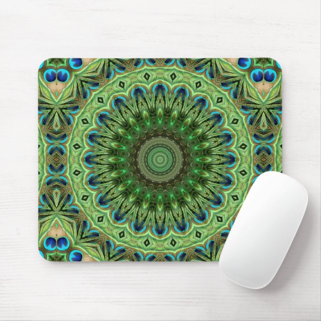 Peacock Feather Mandala Emerald and Blue Symmetry Mouse Pad (With Mouse)