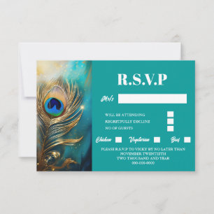 Peacock feather marbled teal background luxury RSVP card