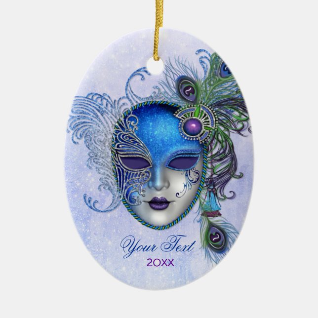 Peacock Feather Masquerade Mask Ceramic Ornament (Front)