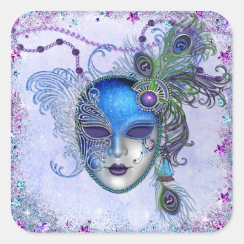 Peacock Feather Masquerade Mask Square Sticker