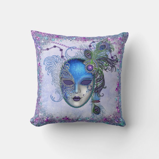 Peacock Feather Masquerade Mask Throw Pillow (Front)