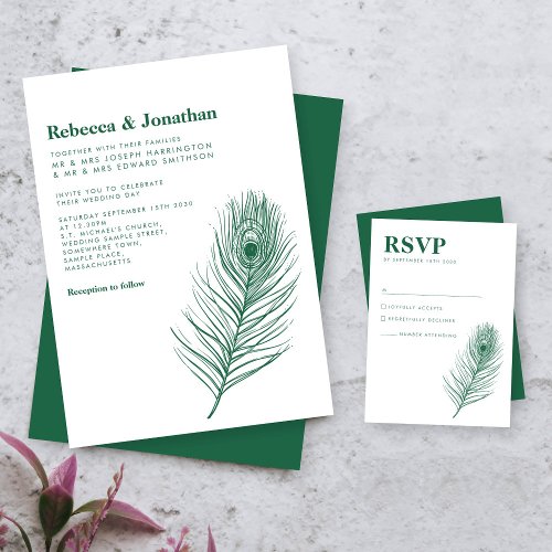 Peacock Feather Minimal Green Wedding RSVP Card