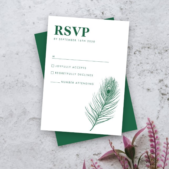 Peacock Feather Minimal Green Wedding RSVP Card (Creator Uploaded)