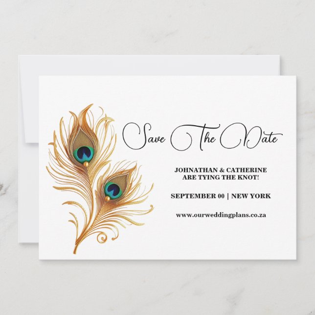 Peacock feather minimalist plain save the date invitation (Front)