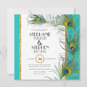 Peacock Feather Modern Art Deco Typography Wedding Invitation