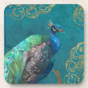 Peacock Feather Modern Elegant Blue w Gold Glitter Beverage Coaster