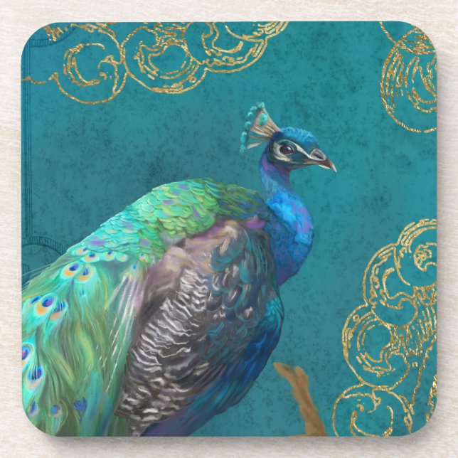Peacock Feather Modern Elegant Blue w Gold Glitter Beverage Coaster (Front)
