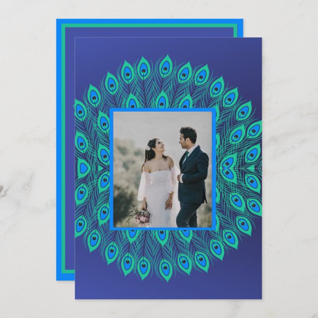 PEACOCK FEATHER MOTIF PATTERNED BLUE GREEN INVITATION (Front/Back)