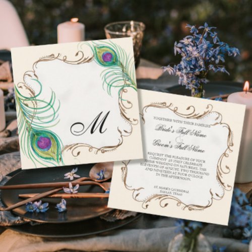 Peacock Feather n Swirls - Wedding Invitation
