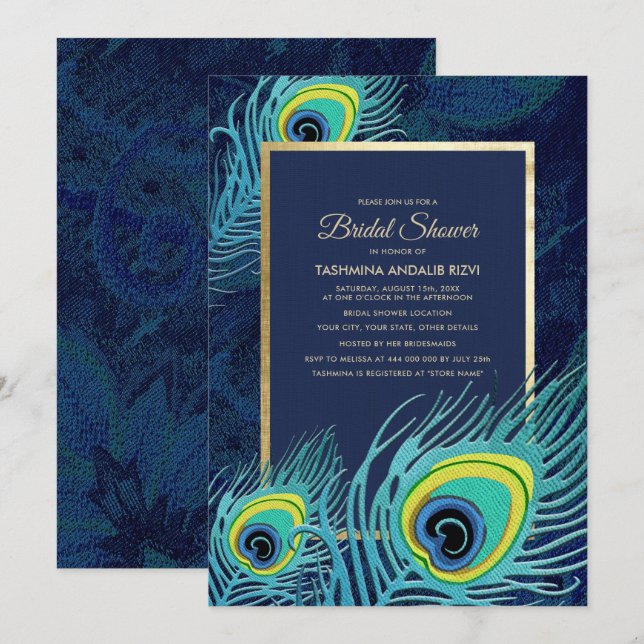 Peacock Feather Navy Blue Gold Bridal Shower Invitation (Front/Back)