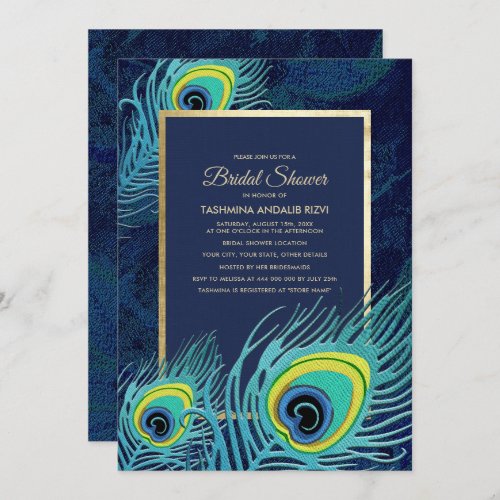 Peacock Feather Navy Blue Gold Bridal Shower Invitation