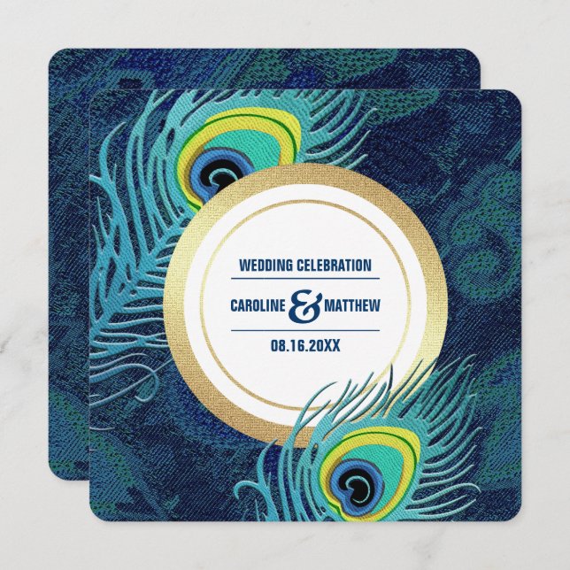 Peacock Feather Navy Blue Gold Wedding Invitation (Front/Back)
