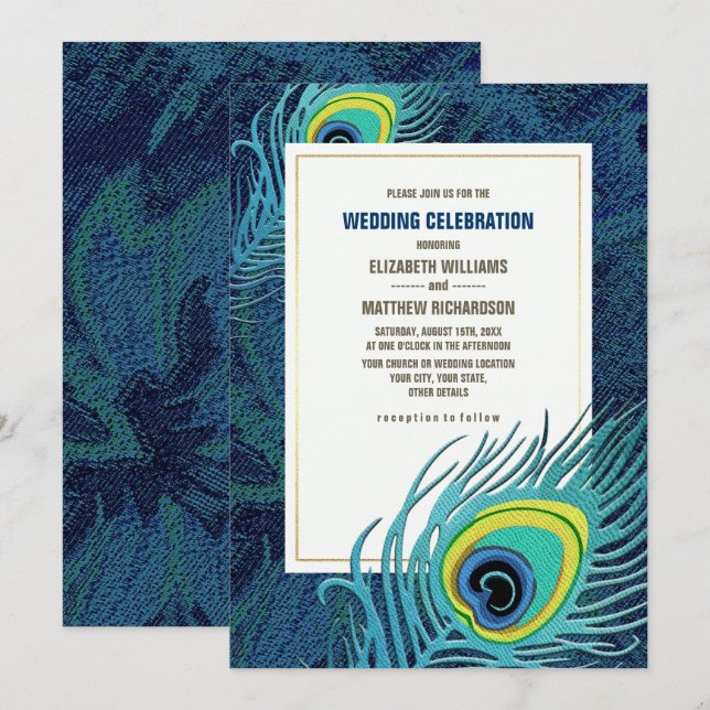 Peacock Feather Navy Blue Gold Wedding Invitation (Front/Back)