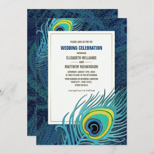 Peacock Feather Navy Blue Gold Wedding Invitation