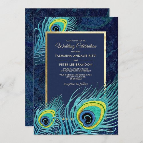 Peacock Feather Navy Blue Gold Wedding Invitation