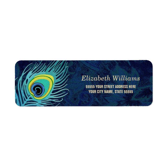 Peacock Feather Navy Blue Return Address Labels (Front)