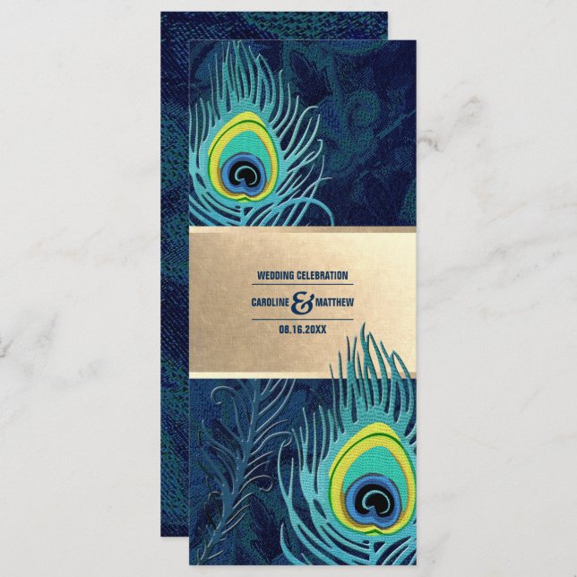 Peacock Feather Navy Blue Turquoise Gold Wedding  Invitation (Front/Back)