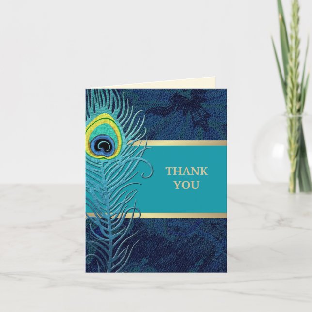 Peacock Feather Navy Blue Wedding Thank You Cards (Front)