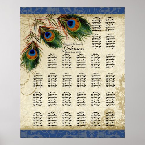 Peacock Feather Navy Reception Table Seating Chart