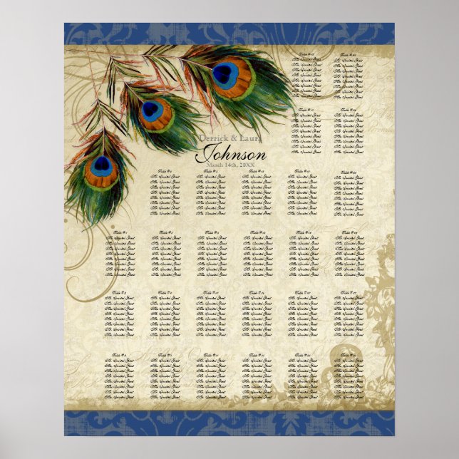 Peacock Feather Navy Reception Table Seating Chart (Front)