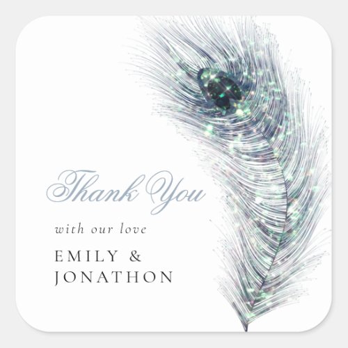 Peacock Feather Newlyweds Names Thank You Wedding Square Sticker