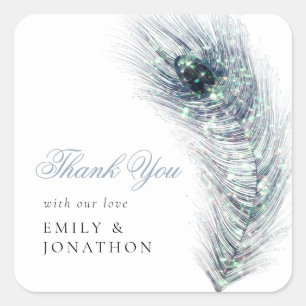 Peacock Feather Newlyweds Names Thank You Wedding Square Sticker