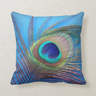 Peacock Feather On Blue Accent Pillow
