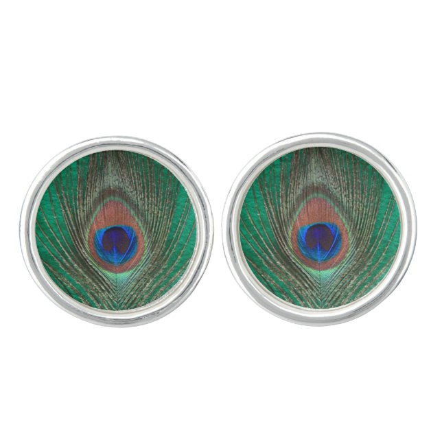 Peacock Feather on Green Cufflinks (Front)