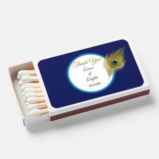 Peacock Feather on Navy Blue Thank You Wedding Matchboxes
