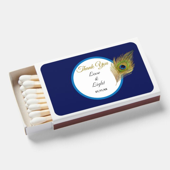 Peacock Feather on Navy Blue Thank You Wedding Matchboxes (Front Open)