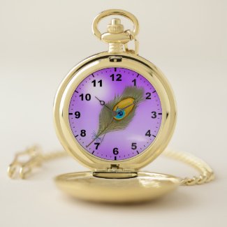Peacock Feather on Purple Background Pocket Watch