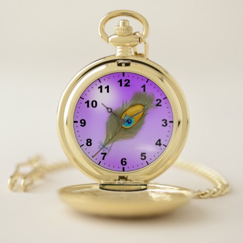 Peacock Feather on Purple Background Pocket Watch