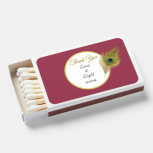 Peacock Feather on Rose Gold Thank You Wedding Matchboxes